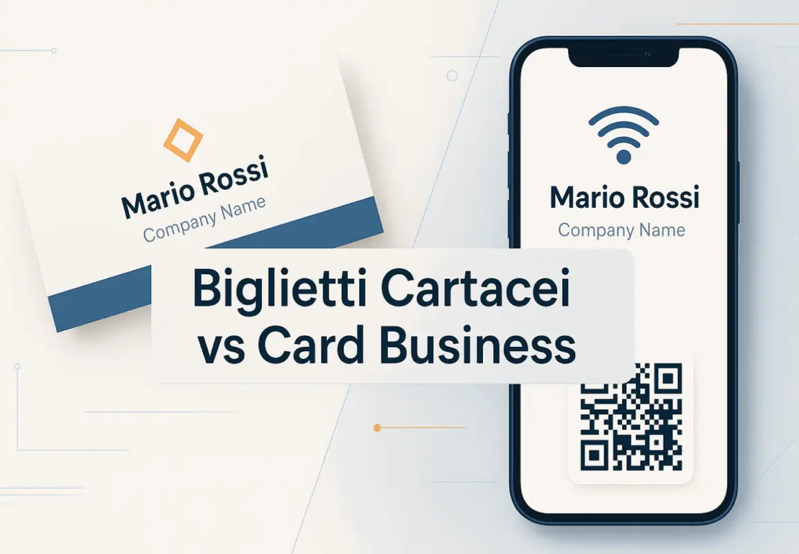Biglietti Cartacei vs Card Business In un mondo sempre più connesso, il modo in cui ci presentiamo professionalmente sta cambiando: scopriamo insieme vantaggi e svantaggi di biglietti da visita tradizionali e soluzioni digitali di ultima generazione. 1. L’evoluzione del biglietto da visita Da secoli strumento di networking, il biglietto da visita cartaceo è un classico intramontabile. Oggi però l’innovazione tecnologica ha aperto la strada alle card business digitali, sfruttando NFC e QR Code per rendere ogni scambio di contatti più rapido, interattivo e sostenibile.